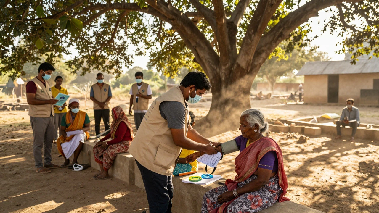 Local health workers educating villagers in a rural Indian community setting