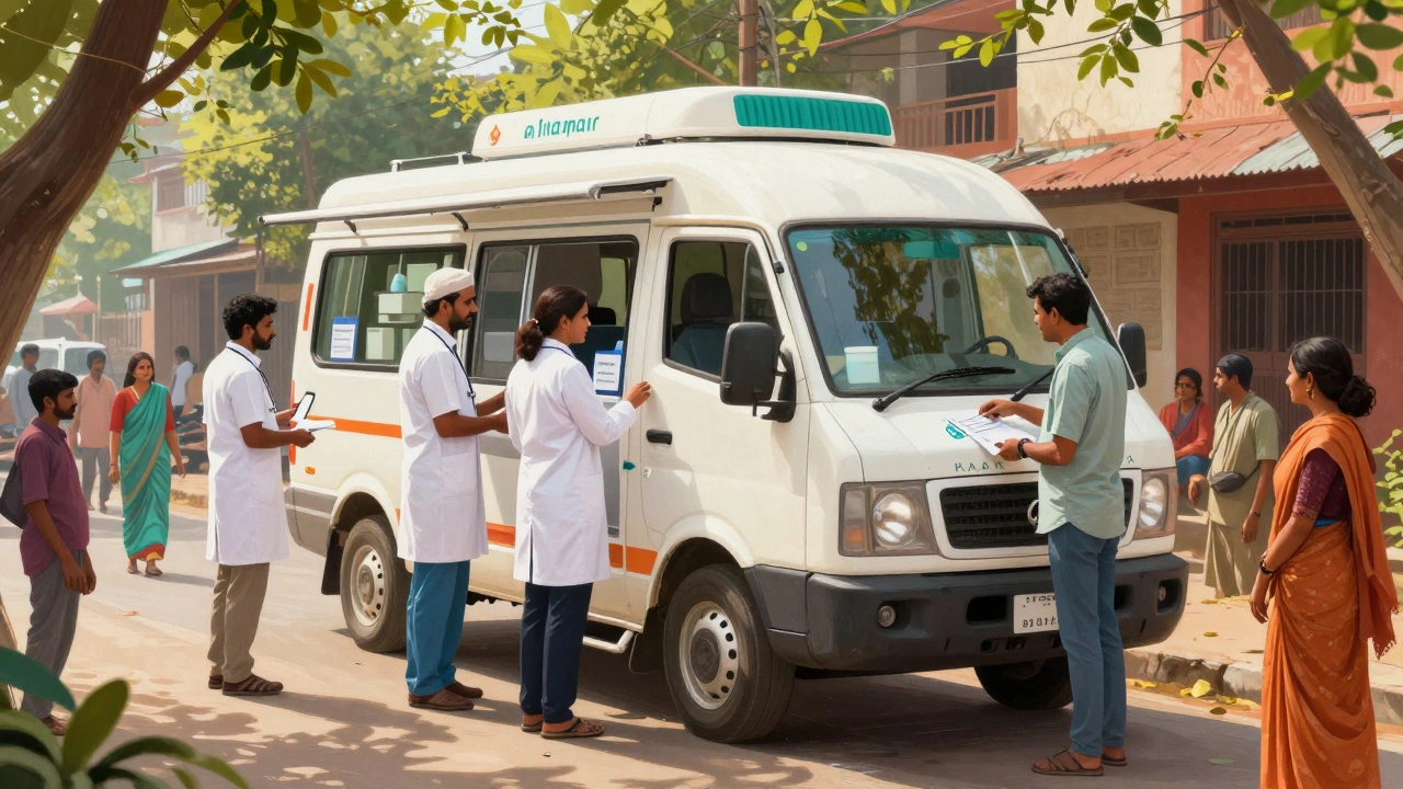 Mobile health van providing screenings to community members on an Indian street