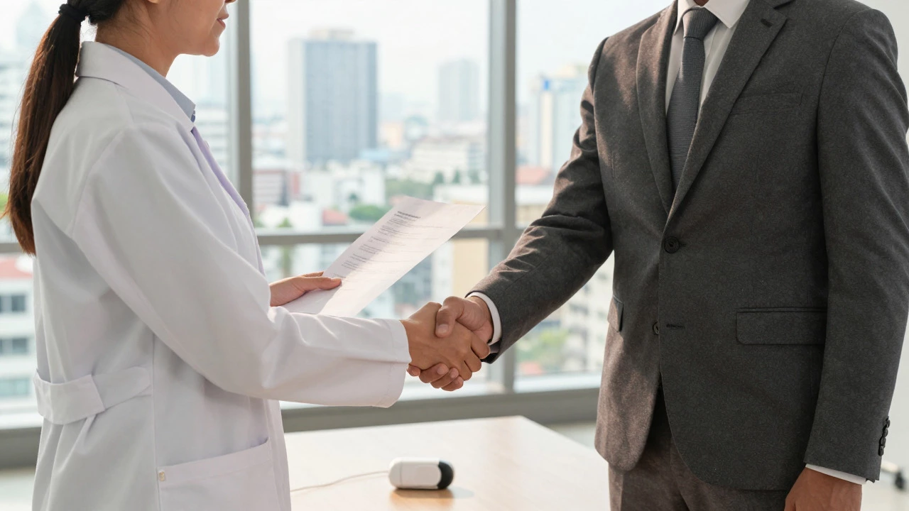 Scientist and executive shaking hands over a licensed product