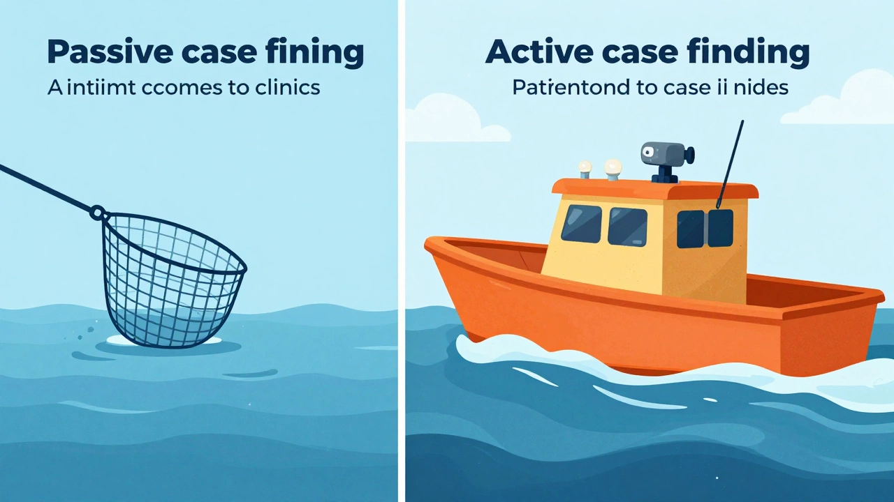 Split illustration comparing passive fishing net vs active sonar boat for case finding