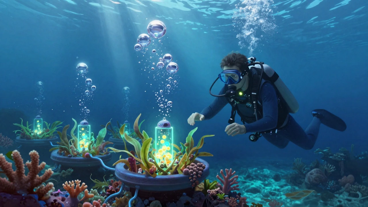 Underwater researcher examining glowing algae and coral reefs.