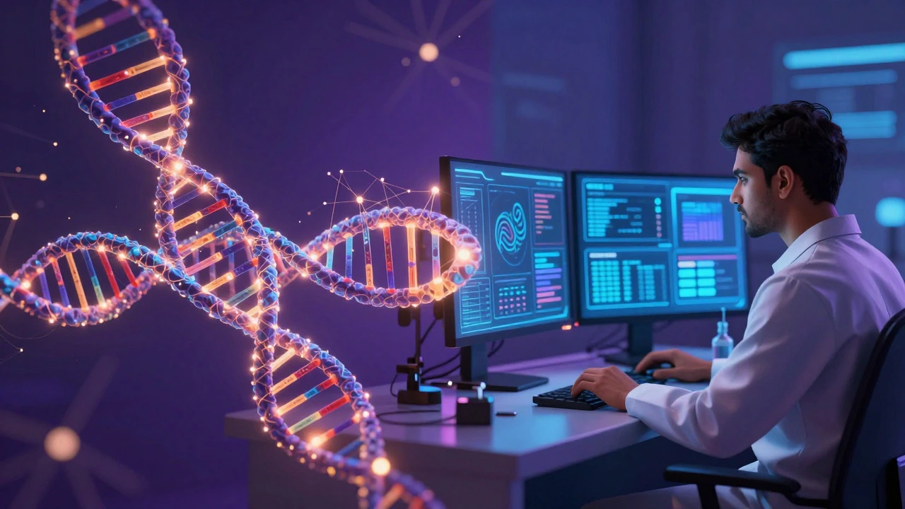 Bioinformatician analyzing genetic data and AI models