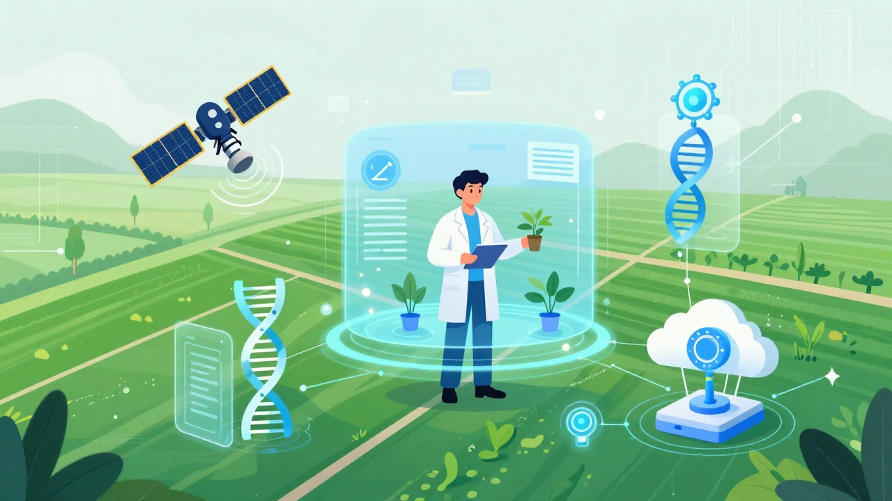 Illustration of tech and biology merging in modern agriculture careers