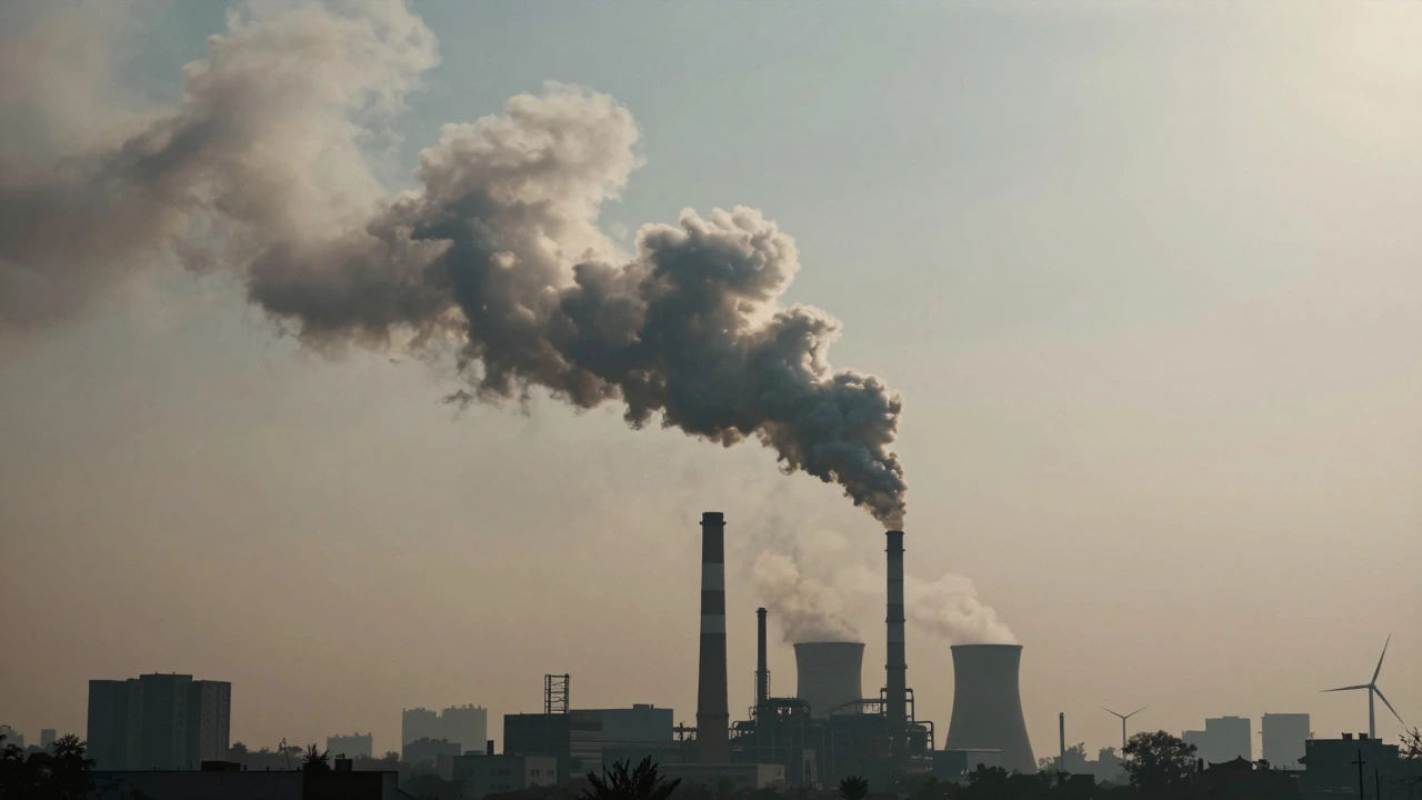 Industrial smokestacks releasing thick smoke into a hazy urban sky