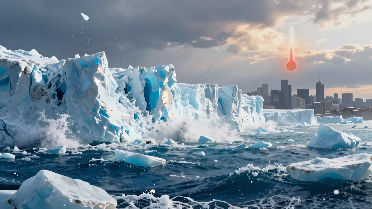 Melting glacier collapsing into ocean near a coastal city