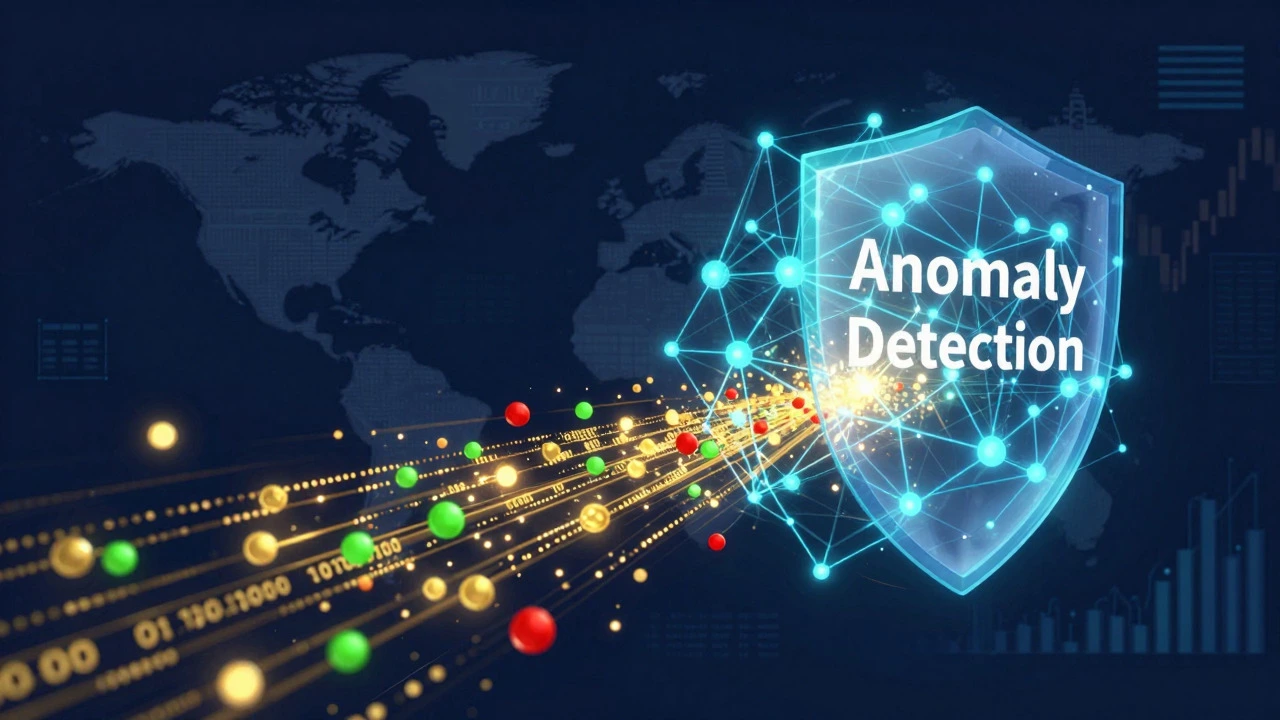 Neural network blocking fraudulent data particles in a security visualization
