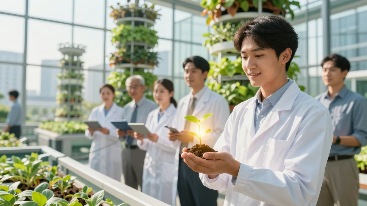 Professionals overlooking futuristic vertical farm in urban setting
