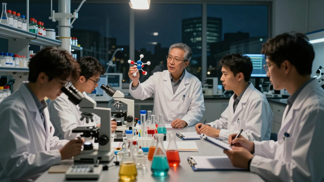 Researchers collaborating in a biotech lab at night