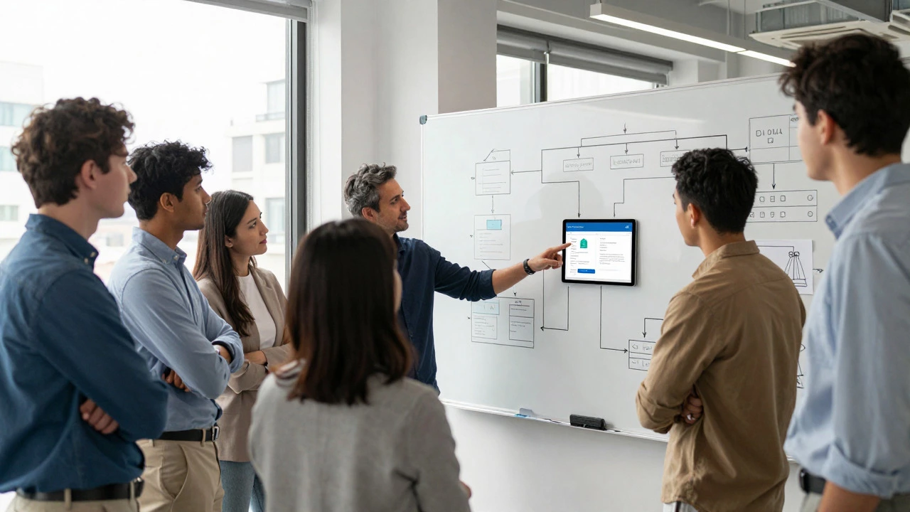 Team collaborating in an office, reviewing a data science project on a tablet