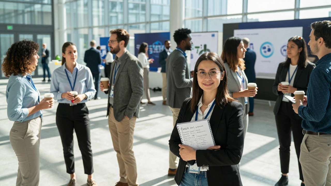 Young woman networking at a bright tech conference