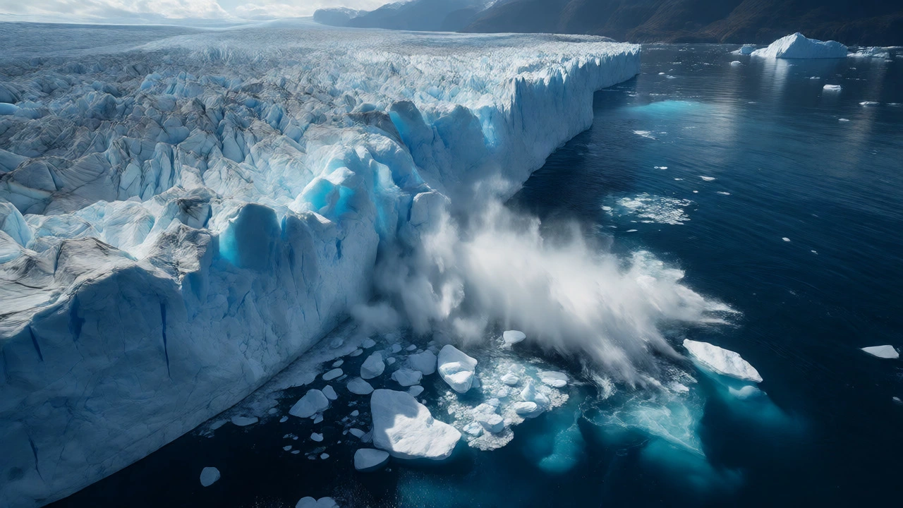 Aerial view of a large glacier calving into the ocean under bright sunlight