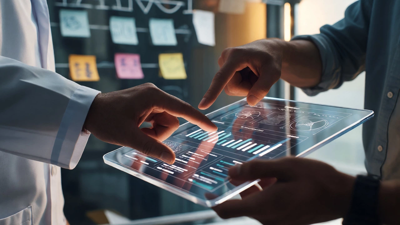 Close-up of hands analyzing genomic data on a tablet in a collaborative workspace.