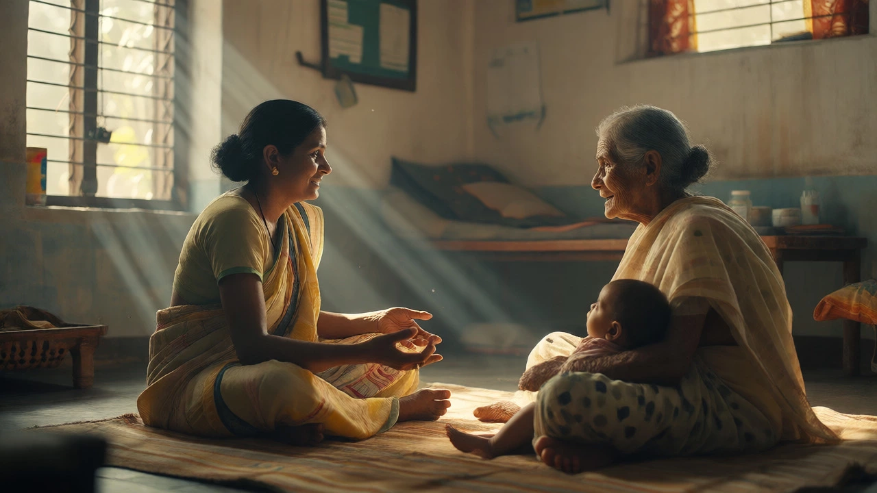 Community health worker discussing care with a family in a rural Indian home.