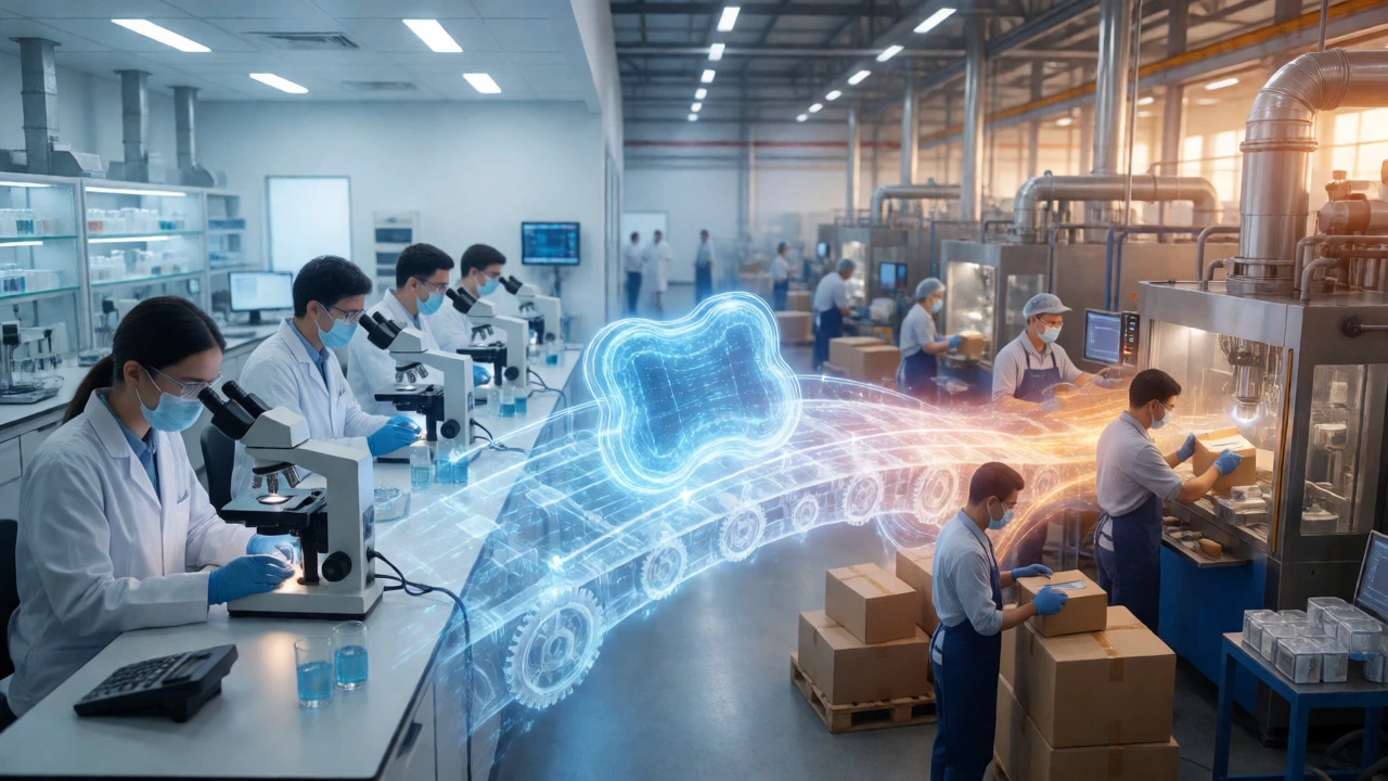 Conceptual art showing technology transfer from a lab to a factory floor