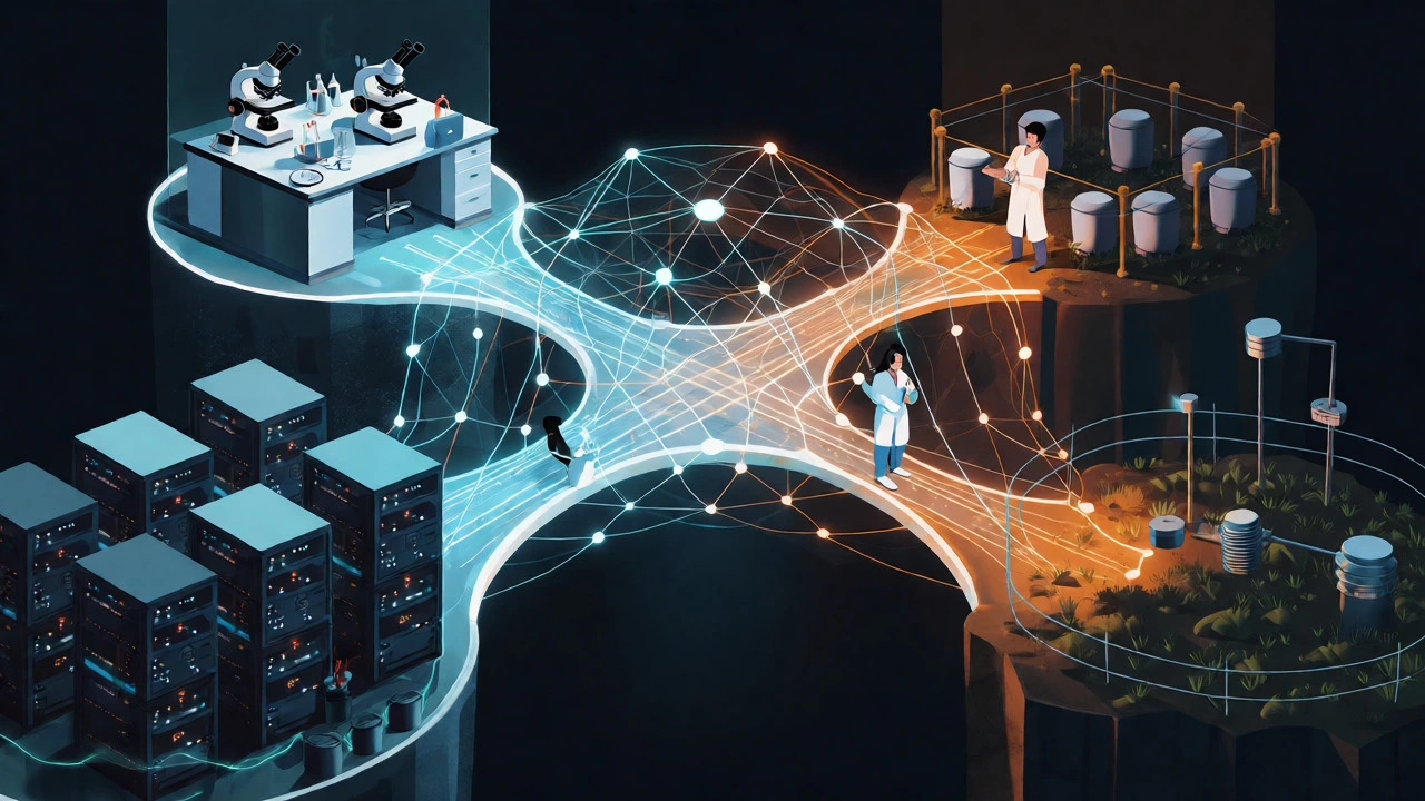 Conceptual network bridge connecting labs, servers, and field sites for data sharing.
