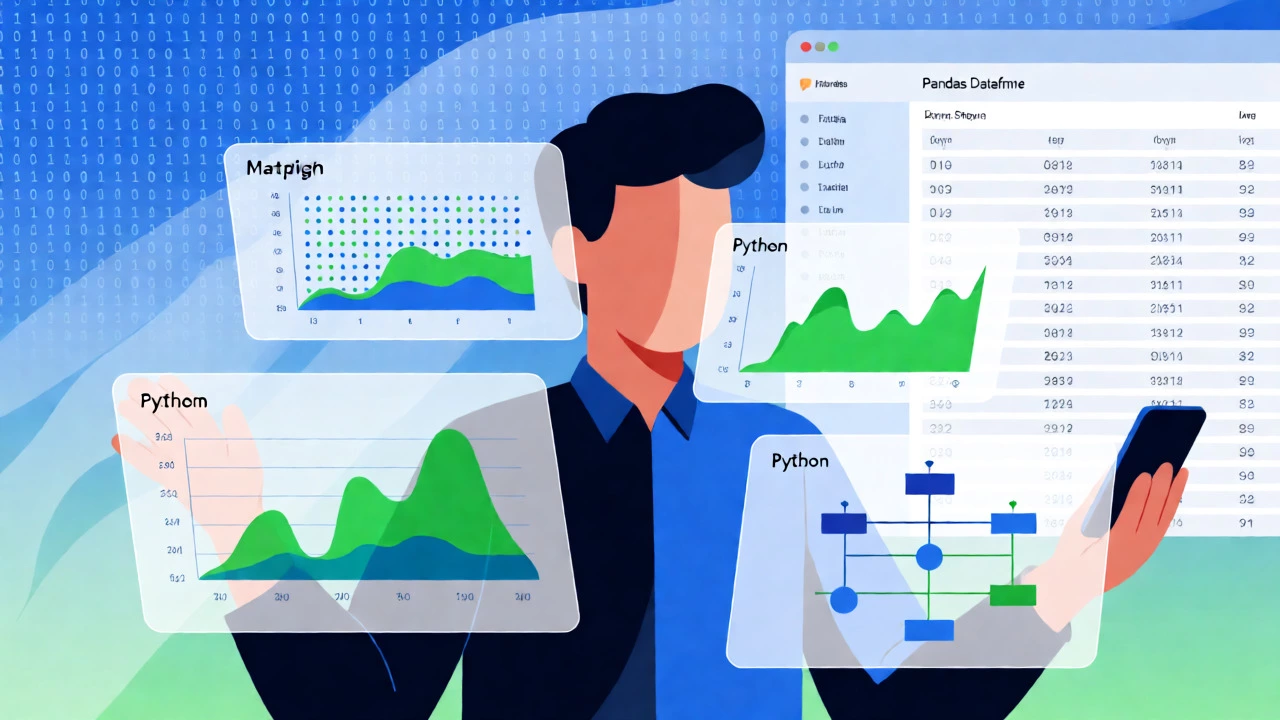 Data scientist surrounded by holographic charts and Python data visualization tools