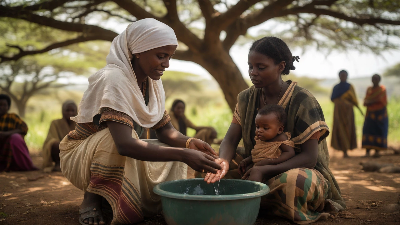 Ethiopian community health worker teaching handwashing to a mother and child under a tree.