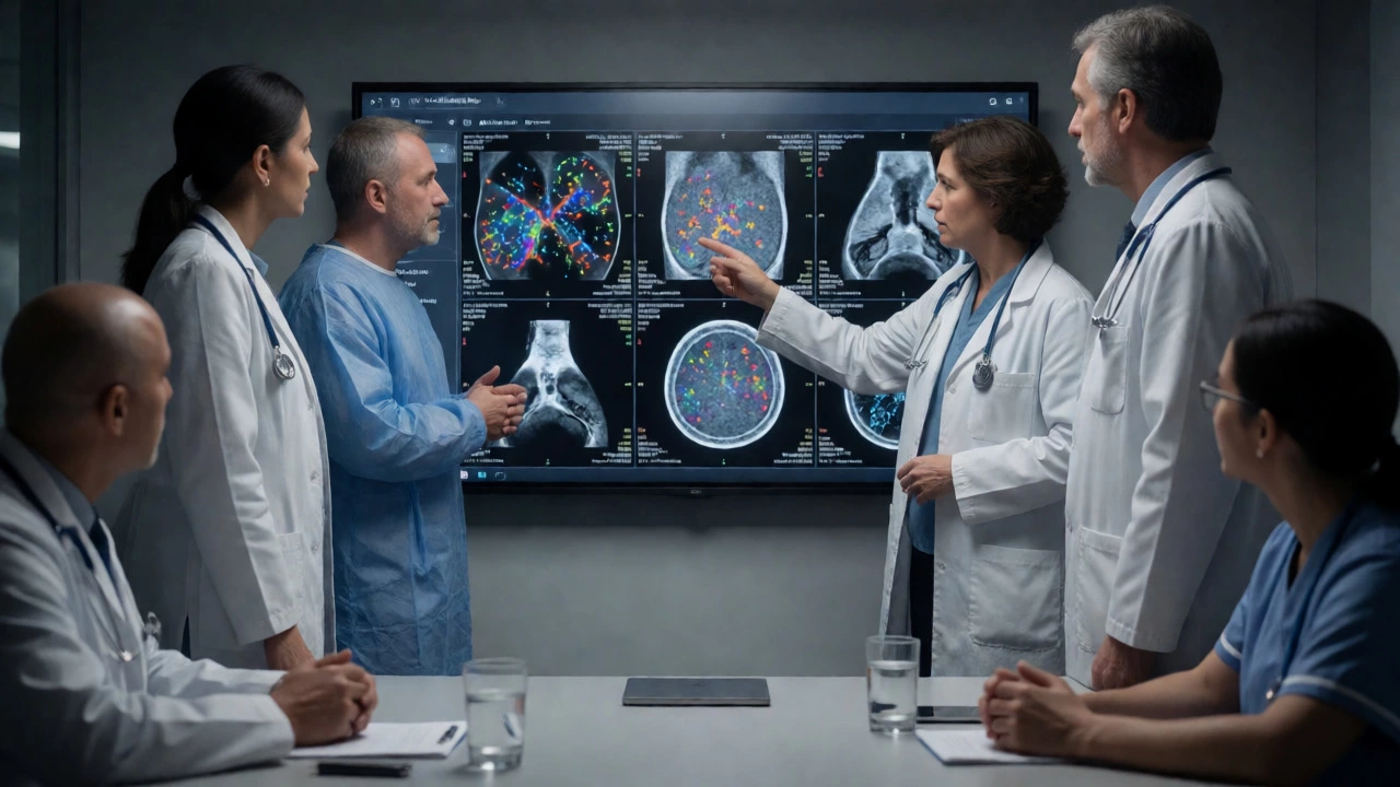 Medical specialists debating treatment plans at a tumor board meeting.