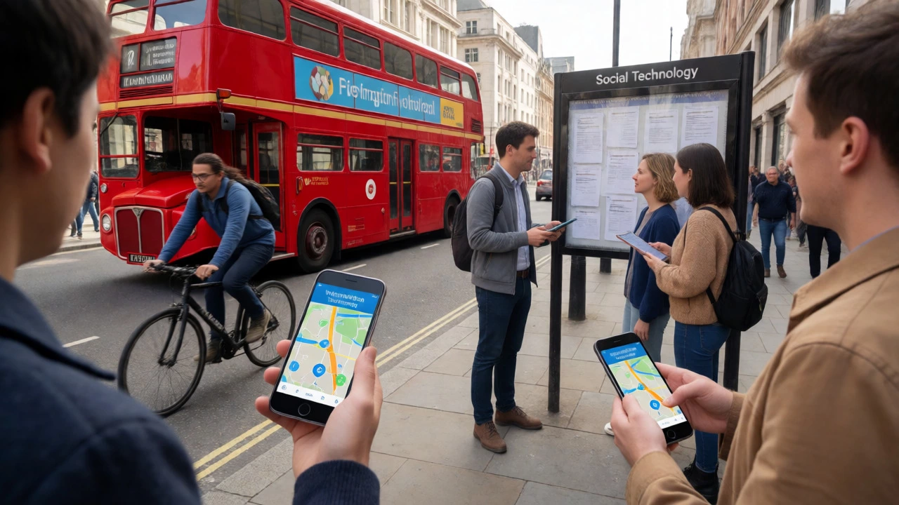 People using GPS, buses, and social systems in a busy city street