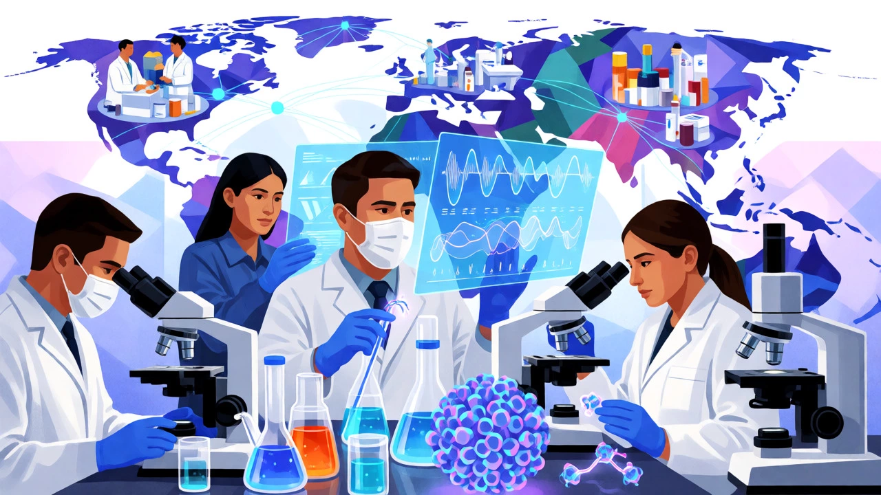Scientists and data analysts working together on vaccine development.