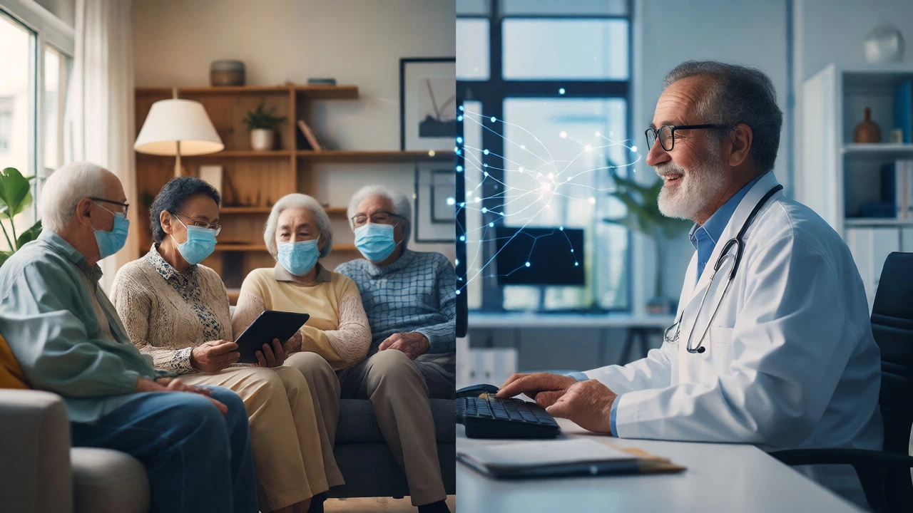 Split view of elderly patients at home and a doctor in a clinic connected via telemedicine video call.