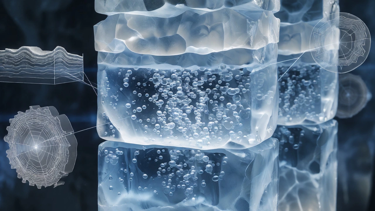 Stacked Antarctic ice cores with trapped air bubbles and floating tree ring visuals