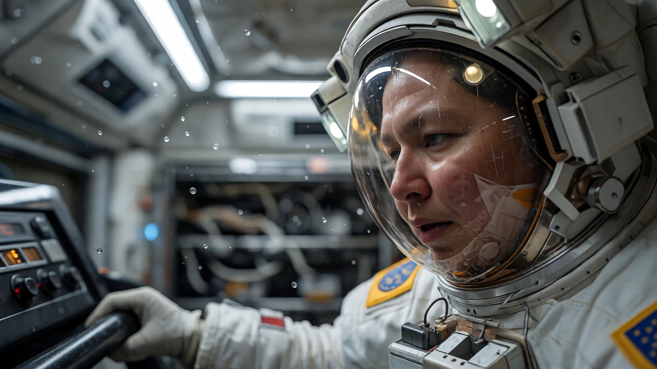 Astronaut exercising in zero gravity to prevent muscle loss