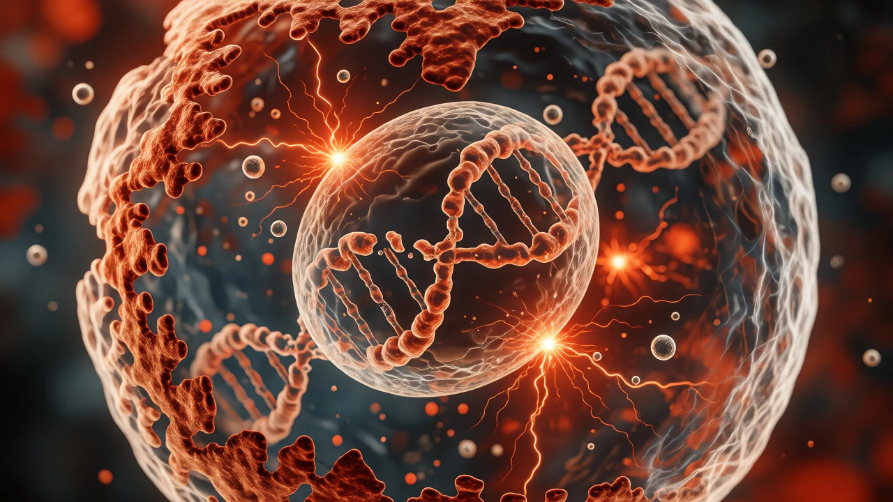 Cellular diagram showing oxidative stress and DNA damage from nanoparticles