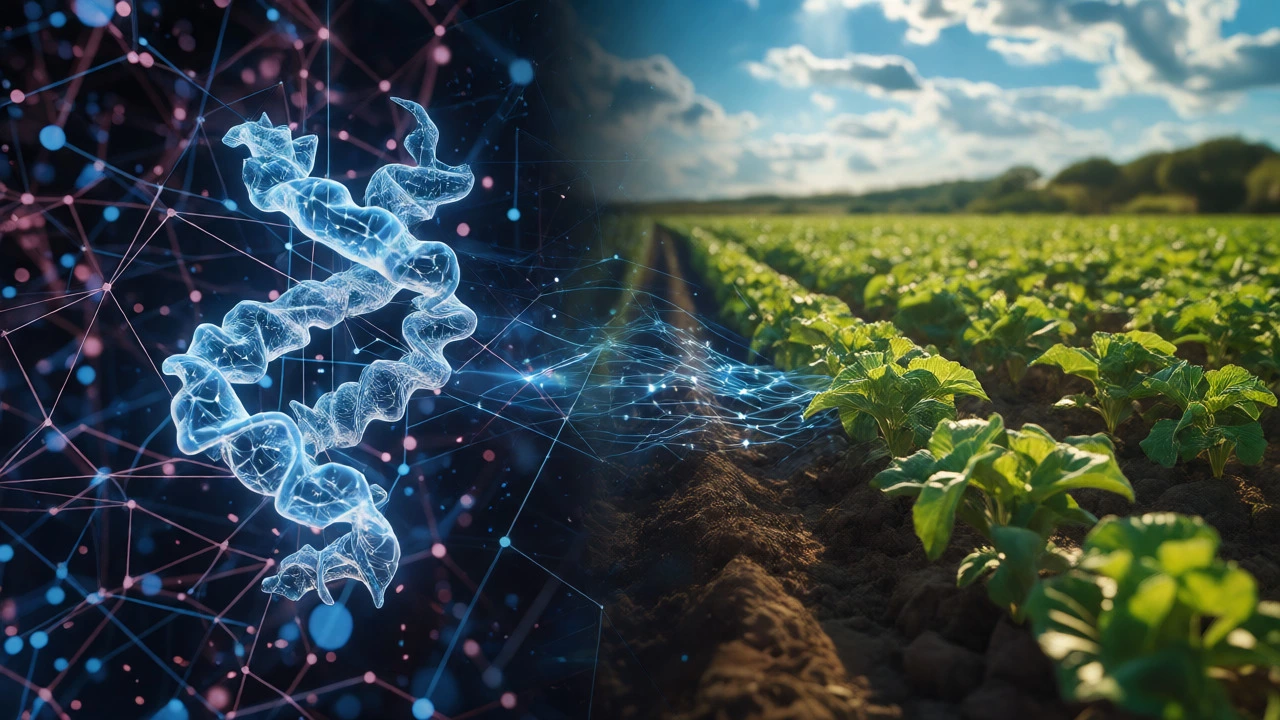Digital protein structures merging with a field of gene-edited crops