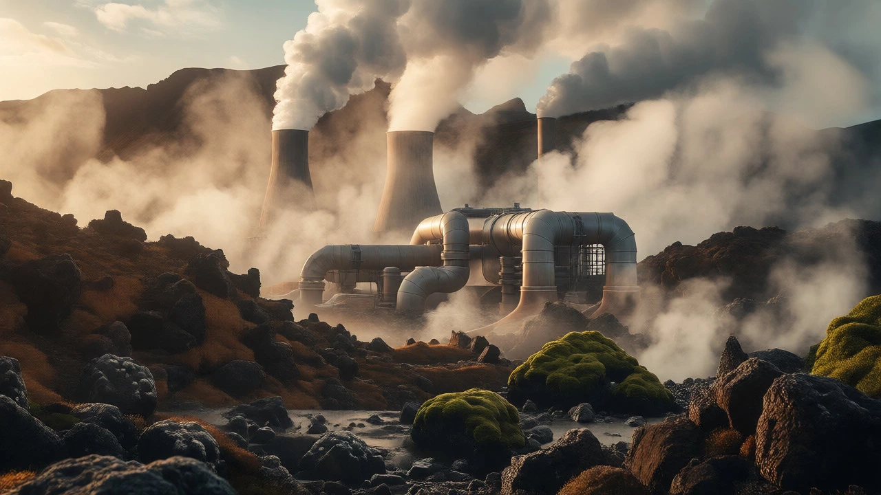 Geothermal plant emitting steam in a volcanic rocky landscape