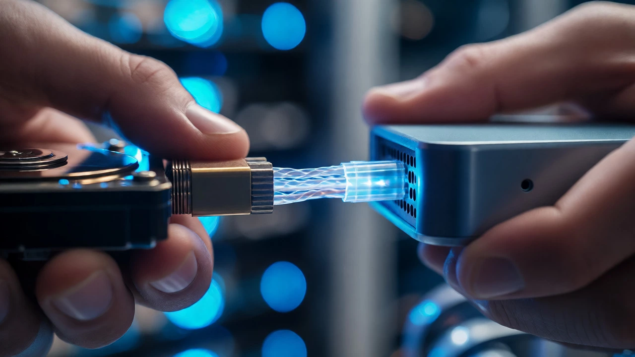 Hands connecting tech devices symbolizing operational data flow