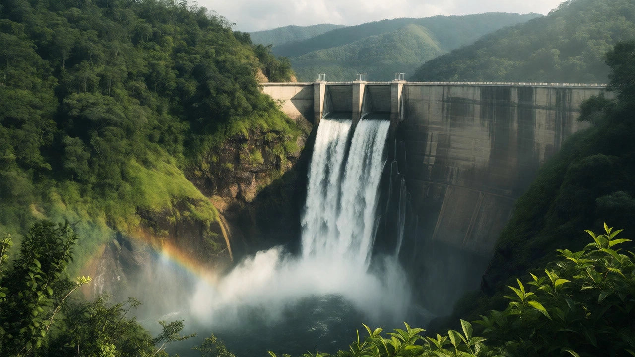Hydroelectric dam releasing water into a misty mountain reservoir