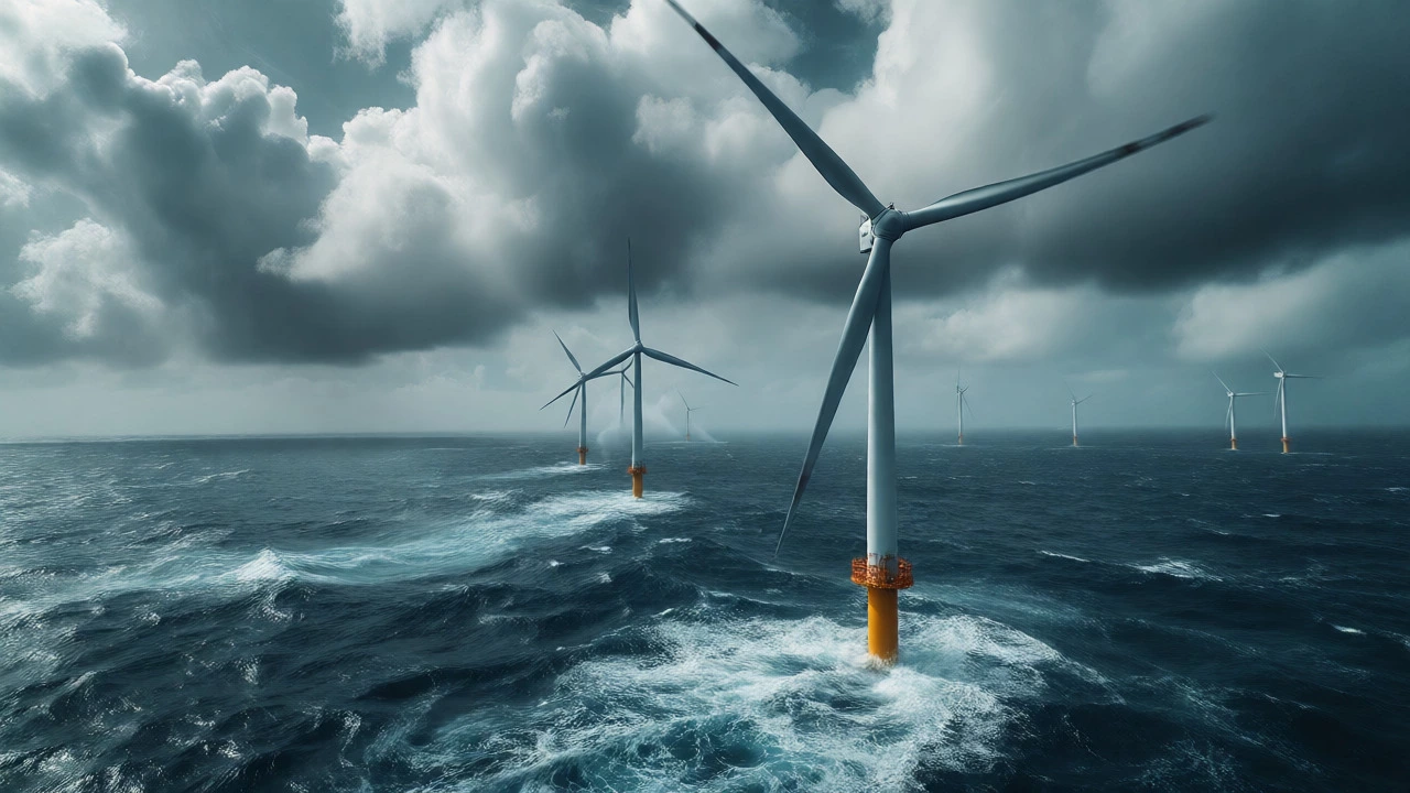 Massive offshore wind turbines in rough seas under a stormy sky