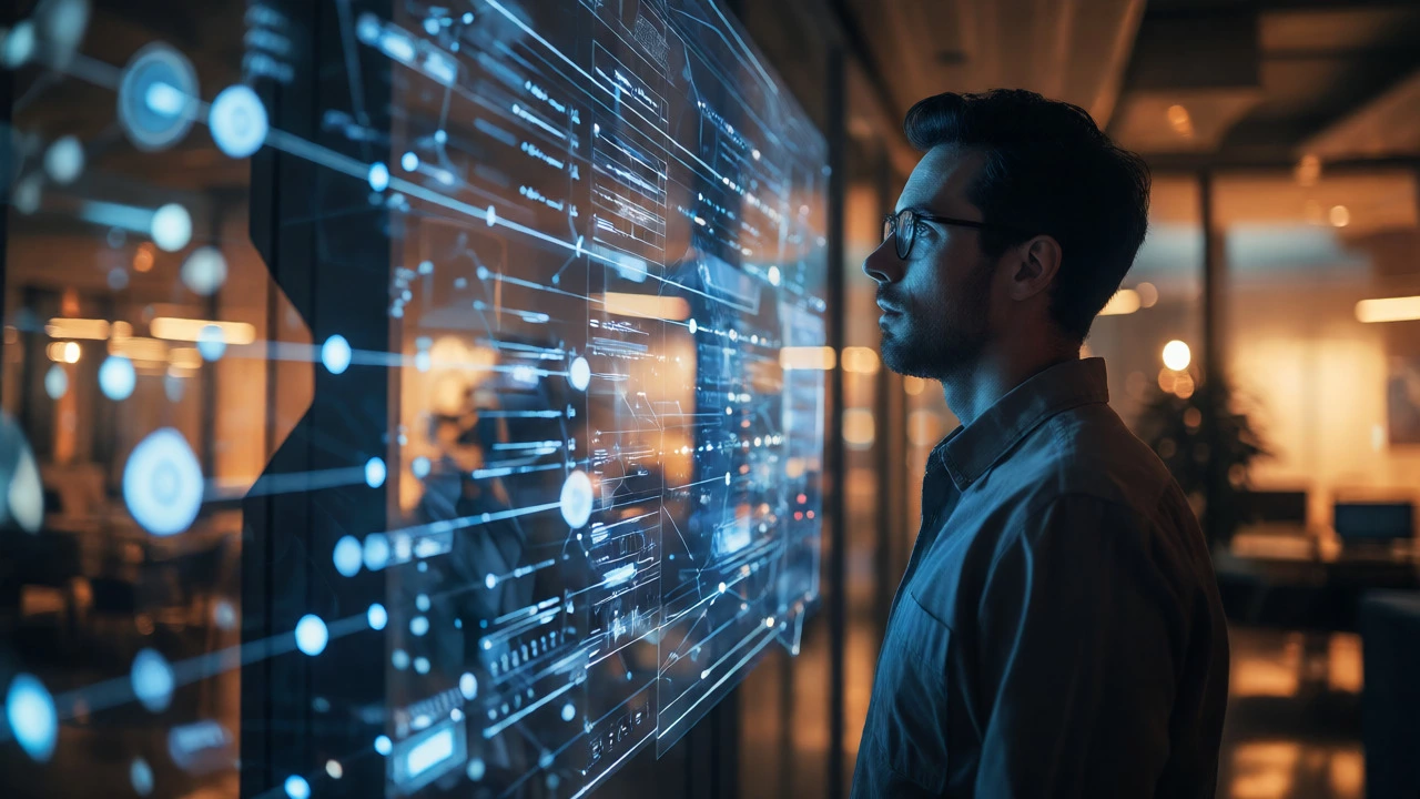 Researcher analyzing data on a holographic interface at dusk