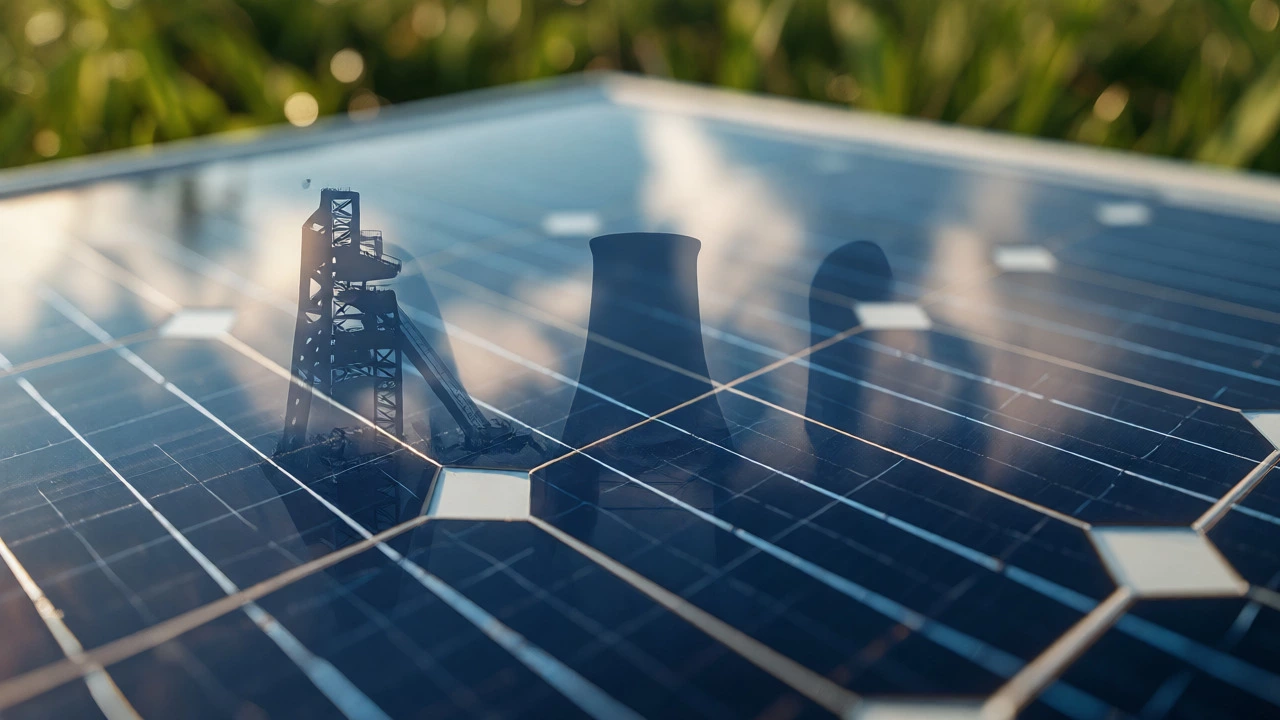 Solar panel reflecting fading silhouettes of older hazardous energy sources