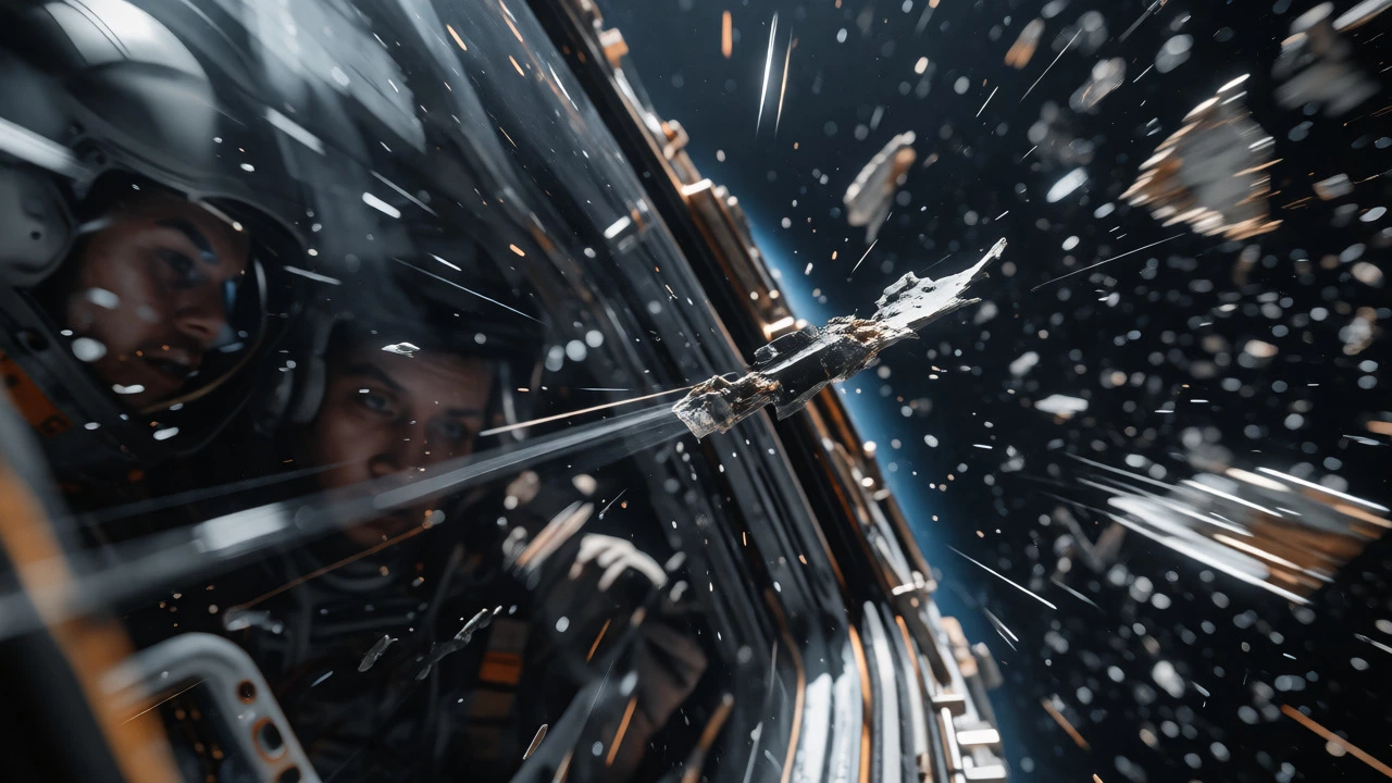 Spacecraft window view of dangerous orbiting debris