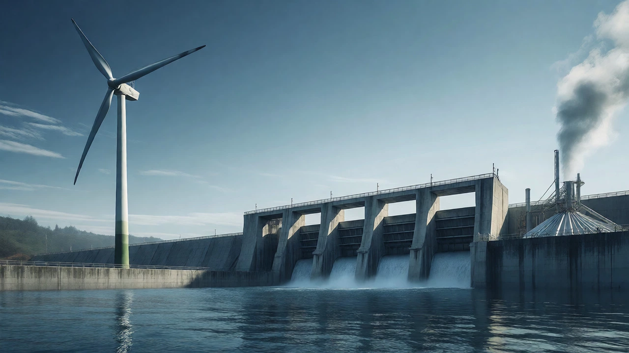 Wind turbine, hydro dam, and biomass plant illustrating varied renewable risks