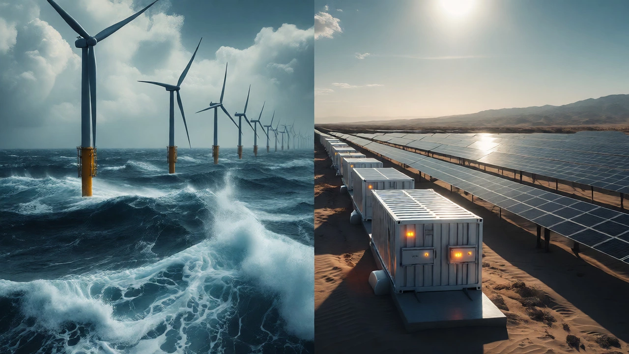 Wind turbines and solar panels with battery storage units